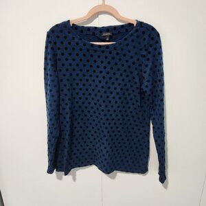 Talbots Women's Blue and Black Velvet Polka Dots Long Sleeve T-Shirt Top -Medium